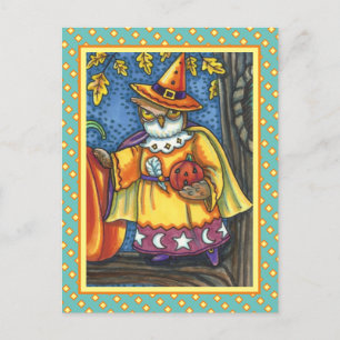 MAGIC SPELLS AND HALLOWEEN HOOTS, OWL WIZARD HOLIDAY POSTCARD