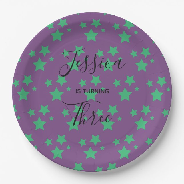 Magic Star birthday Purple Green Kids Baby Circus Paper Plate (Front)