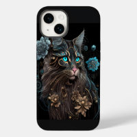 Magic steampunk Maine Coon cat and flowers AI art