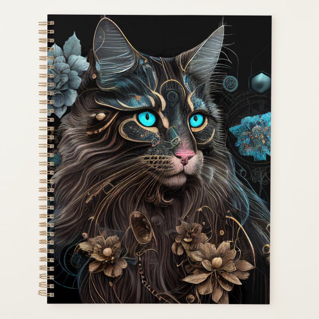 Magic steampunk Maine Coon cat and flowers AI art Planner (Front)