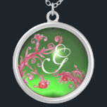 MAGIC SWIRLS IN RED Monogram , Green Emerald Silver Plated Necklace<br><div class="desc">Elegant , unique and colourful design,  flourishes ,  blossoms and blooms in Spring. Watercolor painting with golden and silver foil .</div>