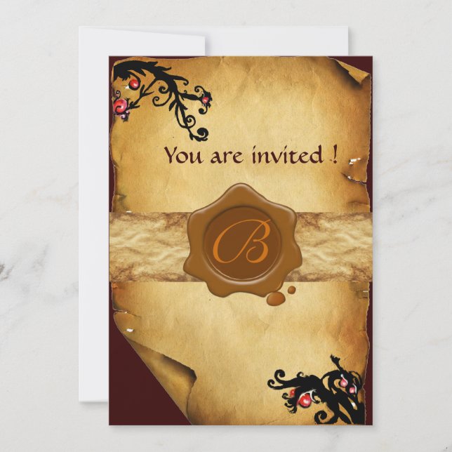 MAGIC SWIRLS PARCHMENT AND BROWN WAX SEAL MONOGRAM INVITATION (Front)