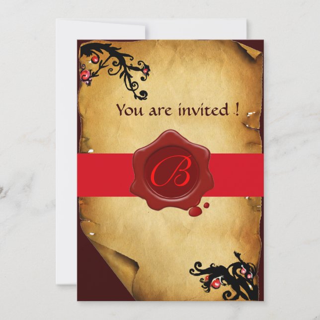 MAGIC SWIRLS PARCHMENT AND RED WAX SEAL MONOGRAM INVITATION (Front)