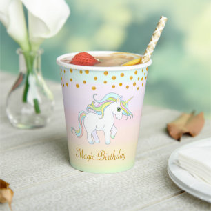Magic Unicorn and Gold Confetti on Pastel Colours Paper Cups