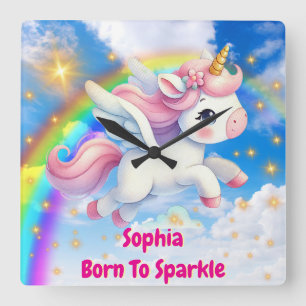 Magic Unicorn Customizable Child's Name Square Wall Clock