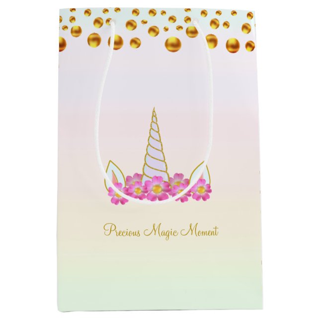Magic Unicorn Flowers & Gold Confetti Medium Gift Bag (Front)