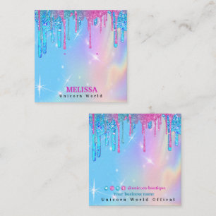 Magic Unicorn Holographic Glitter Drips  Square Business Card
