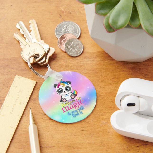 Magic unicorn panda on rainbow background key ring (Desk)