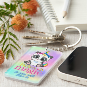 Magic unicorn panda on rainbow background key ring