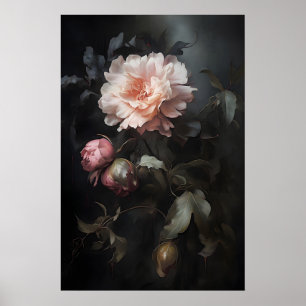 Magic vintage peonies flower print, botanical dark poster