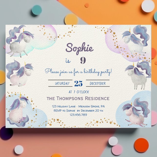 Magic violet cute unicorns kids birthday invitation (Creator Uploaded)