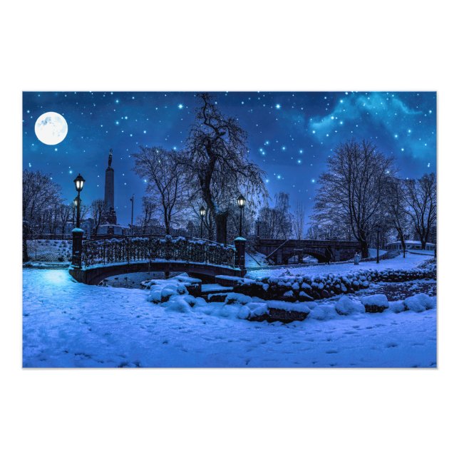 Magic winter night with starry sky and full moon photo print (Front)