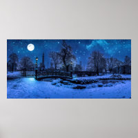 Magic winter night with starry sky and full moon