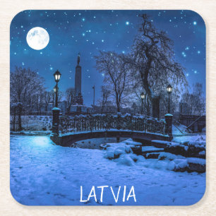 Magic winter night with starry sky and full moon square paper coaster