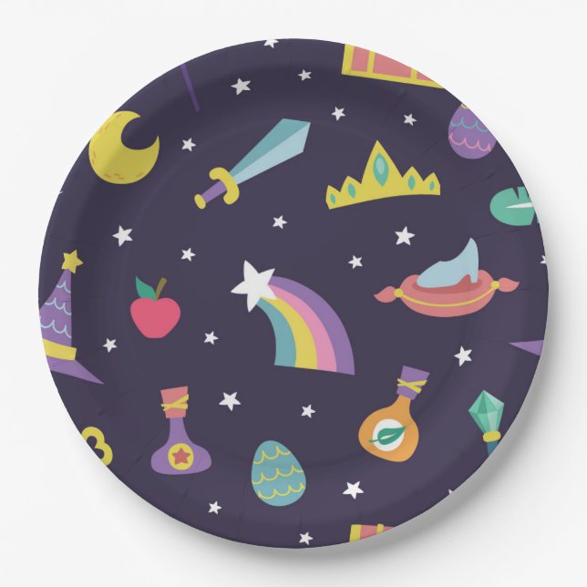 MAGIC WIZARD FAIRY TALE ELEMENTS blue background Paper Plate (Front)
