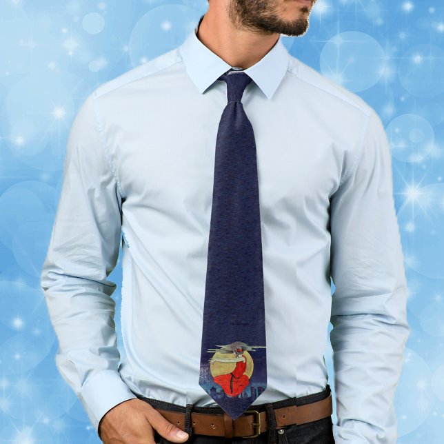 Magic Woman Floating Moon Night Sky Tie (Spooky witch woman floating in clouds over city full moon on dark blue neck tie.)