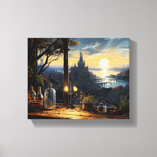 Magic Workshop Bench Overlooking a Fantasy Bay Canvas Print (Front)
