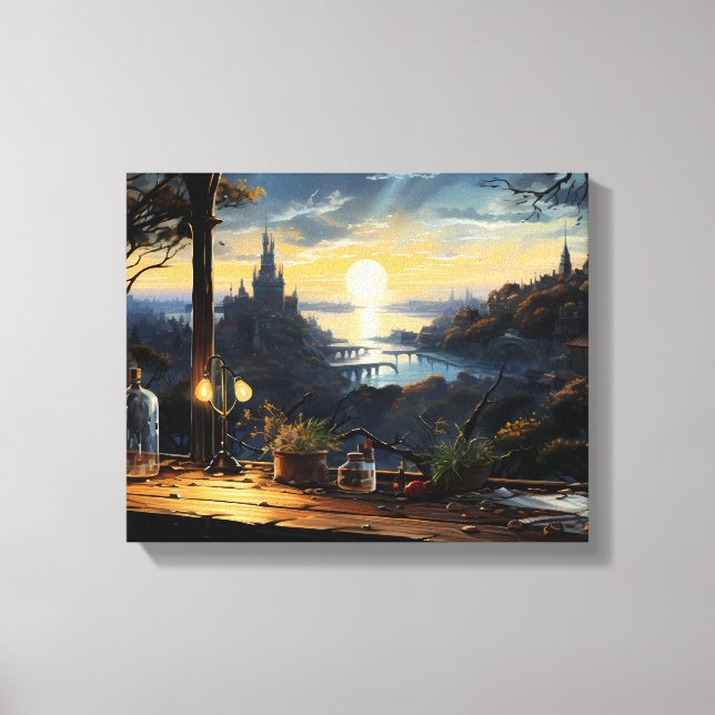 Magic Workshop Bench Overlooking a Fantasy Bay Canvas Print (Front)