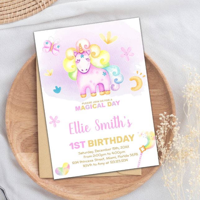 Magical 1st Birthday for Girls Invitation (Purple First Unicorn Birthday Invitation)