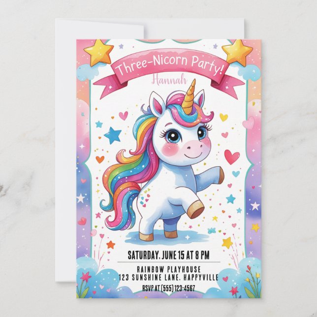 Magical 3rd Birthday Unicorn |Rainbow Three-nicorn Invitation (Front)
