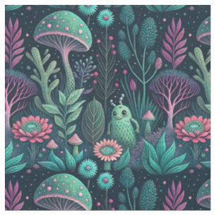 Magical Alien Mushroom Neon Forest Sci-Fi Pattern Fabric