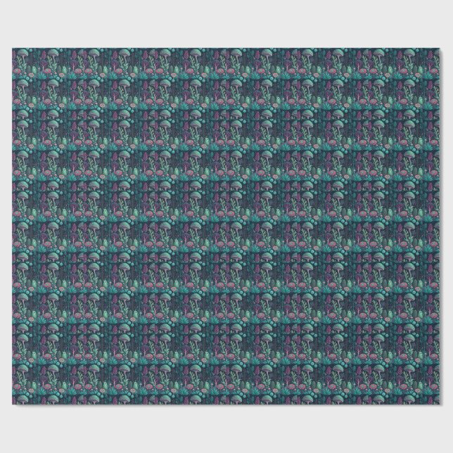 Magical Alien Mushroom Neon Forest Sci-Fi Pattern Wrapping Paper (Flat)