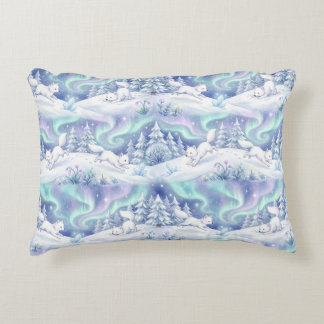 Magical Arctic Foxes & Northern Lights Winter Fore Decorative Cushion