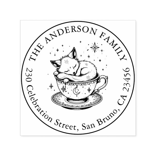 Magical Baby Fox Snoozing in Tea Cup Name Address Self-inking Stamp (Design)