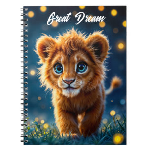 Magical baby lion walking in a fantasy night notebook