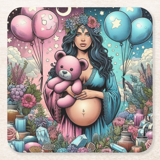 Magical Baby Shower | Gender Reveal Square Paper Coaster (Front)