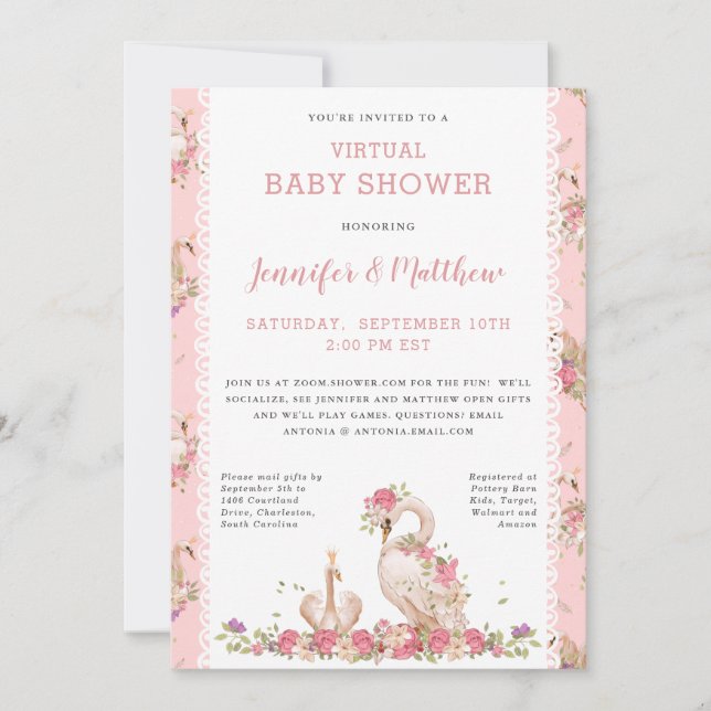 Magical Baby Swan Princess Pink Floral Baby Shower Invitation (Front)