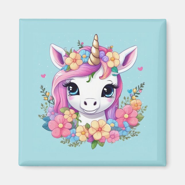 Magical Baby Unicorn with Flowers Magnet (Front)