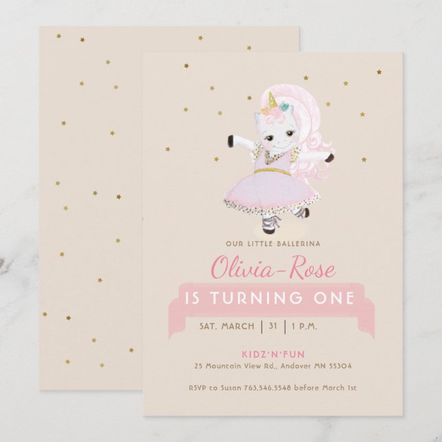 Magical Ballerina Unicorn Blush Rose Girl Birthday Invitation (Front/Back)