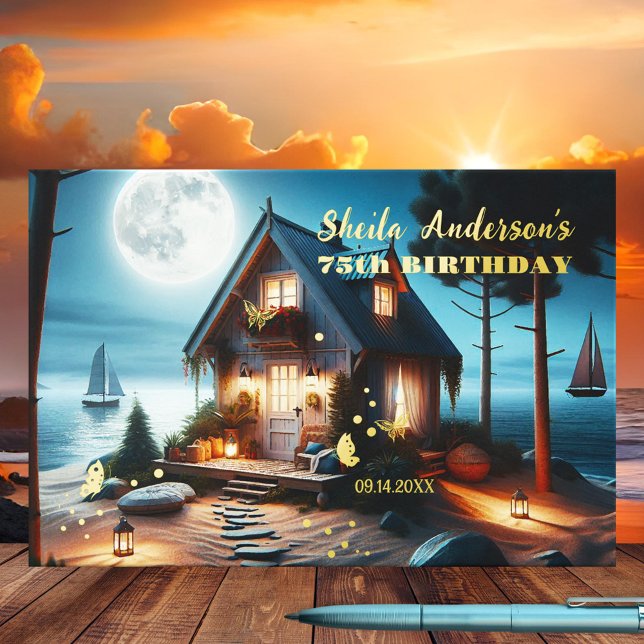 Magical Beach House Dream Birthday Real Foil  Guest Book (Guest book featuring a dreamy beach house scene with butterflies at full moon with real foil texts)