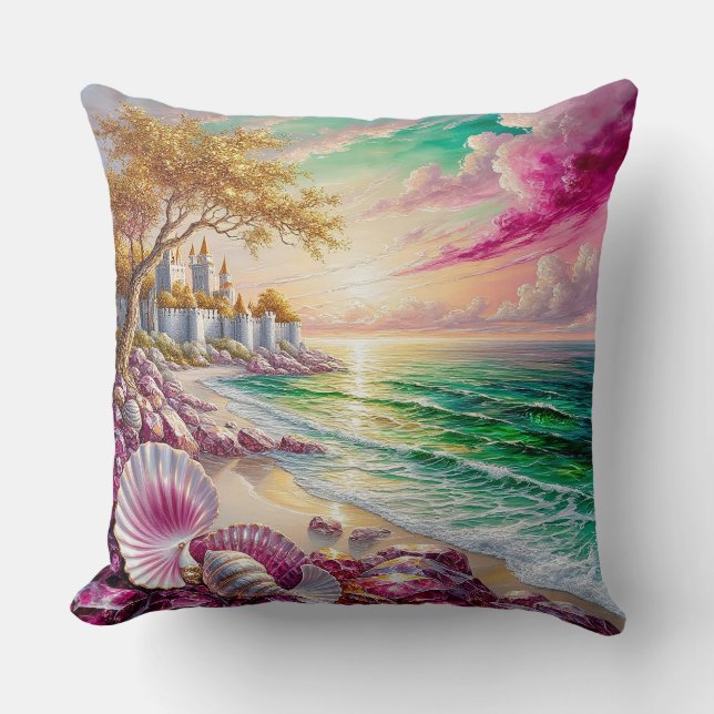 Magical Beachside Castle Sunset Cushion (Front)