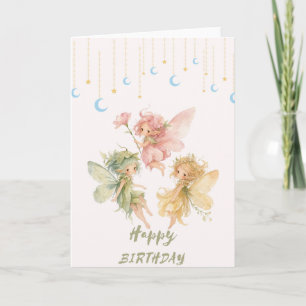 Magical birthday card with three fairies & stars