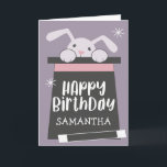 Magical Birthday Magician Kids Happy Birthday Card<br><div class="desc">Sweet magic theme birthday card for a girl. Illustration of a cute bunny poking her head out of a top hat. There is also a magic wand laying next to the hat. Inside the hat it says "happy birthday Samantha." Add the recipient's name here. There is also a cute message...</div>