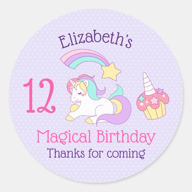 Magical Birthday Unicorn Cupcake & Shooting Star Classic Round Sticker (Front)