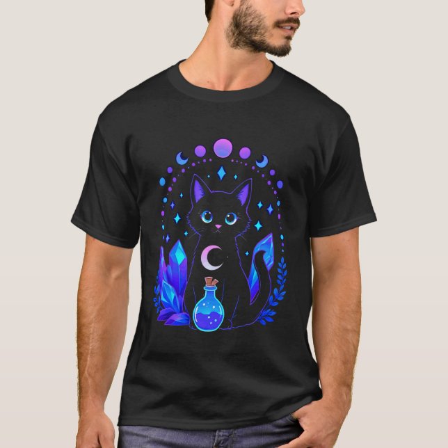Magical Black Cat Crescent Moon Enchanted Hallowee T-Shirt (Front)