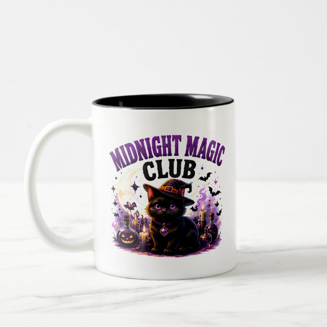 🐈‍⬛ Magical Black Cat Halloween Saying 🌙 Two-Tone Coffee Mug (Left)