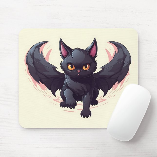 Magical Black Cat with Wings Graphic Halloween Mouse Pad (With Mouse)