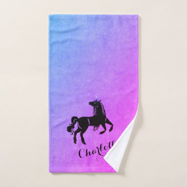 Magical Black Unicorn Gradient Purple Personalised Bath Towel Set (Hand Towel)