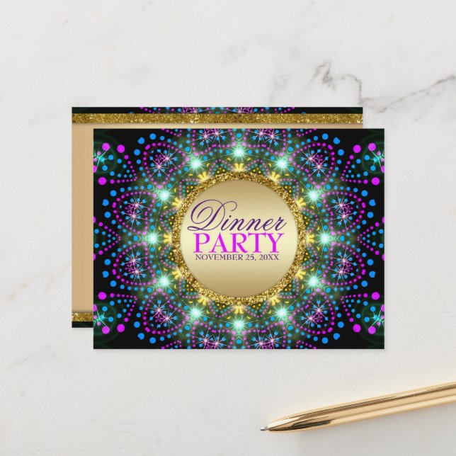  Magical Blacklight Mandala Dinner Party Invite Postcard (Front/Back In Situ)