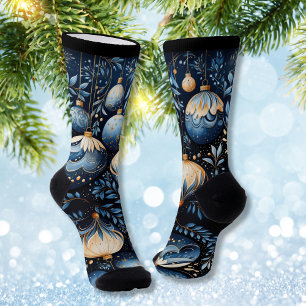 Magical Blue and Gold Winter Ornaments Socks