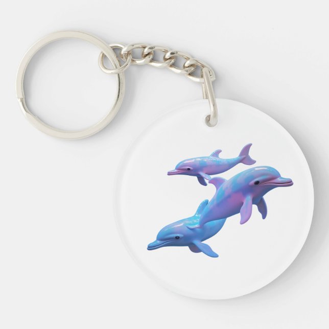 Magical Blue and Pink Dolphins Art Key Ring (Front)