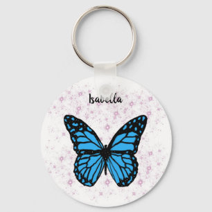 Magical blue butterfly pink glitter art key ring
