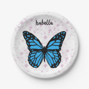 Magical blue butterfly pink glitter art paper plate