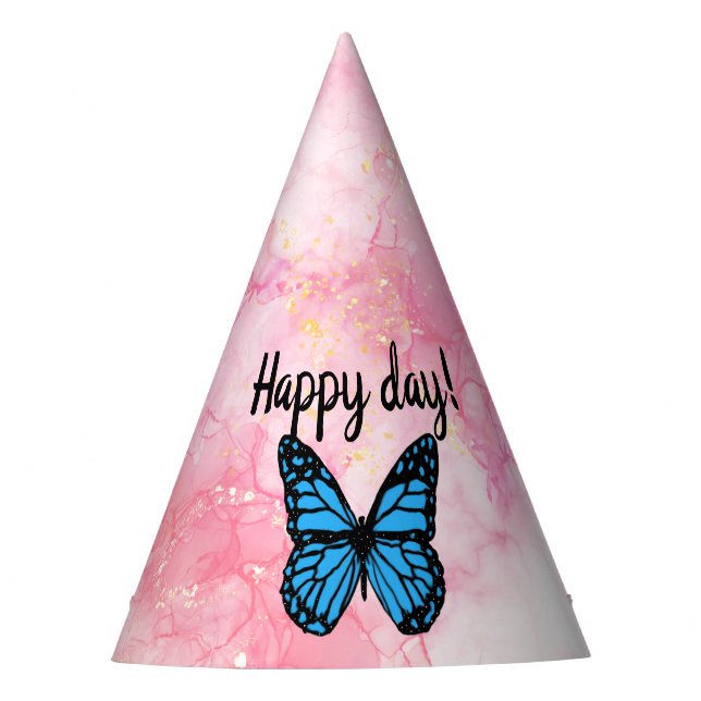 Magical blue butterfly pink glitter art party hat (Front)