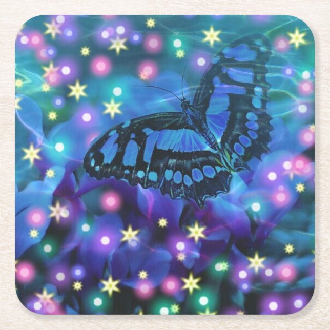 Magical Blue Butterfly Square Paper Coaster (Front)