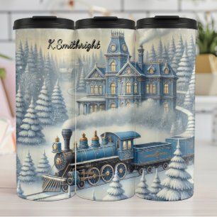 Magical Blue Christmas Train Moonlit Scene Thermal Tumbler